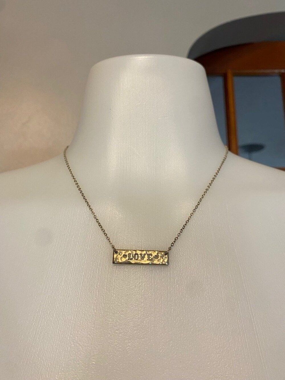 Hammered Gold Tone Love Bar Necklace